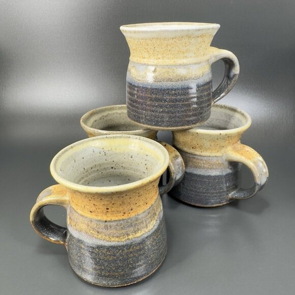 Hand Made Pottery Stoneware Coffee Mug Cup Set 4 Mugs Cups Primitive Signed VTG - Picture 15 of 16